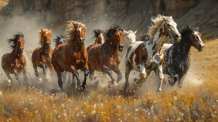 Horses running in a plain with sunset background