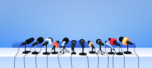 Press conference microphones on table. Cartoon vector background with professional equipment for interview, speech, mass media event, news, report, presentation, broadcasting, journalism or politics
