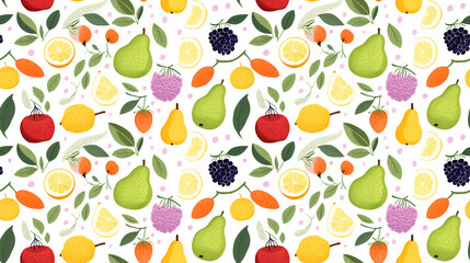 A seamless pattern of various fruits and berries with leaves on a white background.