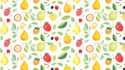 A seamless pattern of various fruits and leaves.