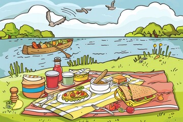 Cartoon cute doodles of a cozy paddle boat picnic on a tranquil lake, with a blanket spread out and a delicious spread of snacks and sandwiches, Generative AI