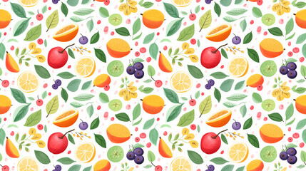 A seamless pattern of various fruits and leaves.
