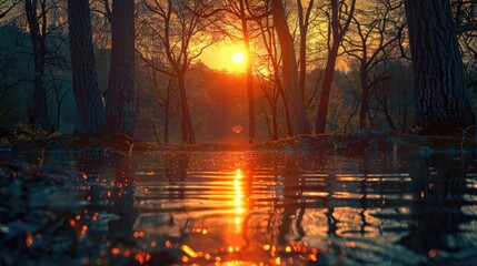 Sunset sun behind beautiful trees, amazing feeling, trees, reflection. Generative AI.