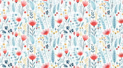 A seamless pattern with cute hand drawn flowers and leaves on a white background.