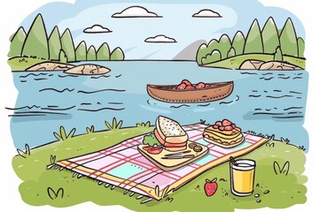 Cartoon cute doodles of a cozy paddle boat picnic on a tranquil lake, with a blanket spread out and a delicious spread of snacks and sandwiches, Generative AI