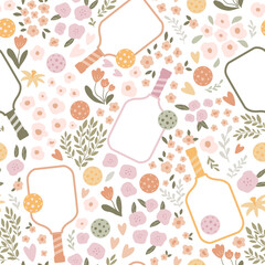 Pickleball floral pattern with paddles, balls, flowers. Summer game repeat background. Female tennis print in pastel colors, wallpaper, textile, fabric, wrapping paper. Hand drawn vector illustration.