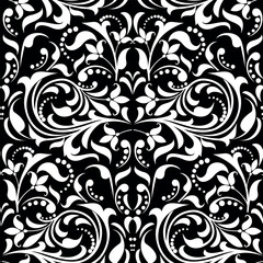 Wallpaper in the style of Baroque. Seamless vector background. White and black floral ornament. Graphic pattern for fabric, wallpaper, packaging. Ornate Damask flower ornament.
