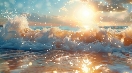 The crystal clear waves leap high, with golden sunlight sprinkled across the sea surface....