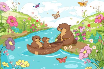 Cartoon cute doodles of a family of otters paddle boating on a calm river, with colorful flowers blooming along the banks and butterflies , Generative AI