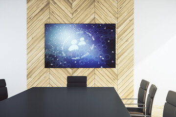 People icons hologram on presentation tv screen in a modern meeting room. Online insurance service concept. 3D Rendering