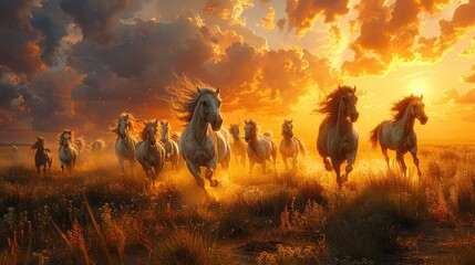 Horses running in a plain with sunset background - obrazy, fototapety, plakaty