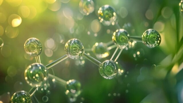 Digital generated image of H2 hydrogen molecule made out of liquid on green background