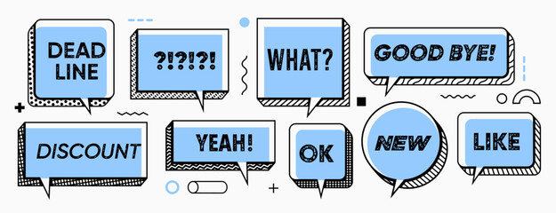 Blue Memphis speech bubbles and chat message frames with text, vector thin line. Message bubbles with discount, Yeah and What or Good Bye and Ok speech clouds in Memphis style blue bubble frames