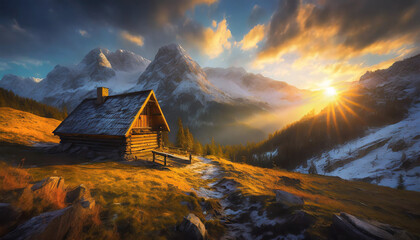 a beautiful mountain scene with a log home on the side of a rugged mountain that has snow - Powered by Adobe