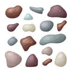 Beach pebble stone set. Hand drawn smooth stone of different shape. Organic rick from river landscape, speck shape. Vector illustration isolated on white background