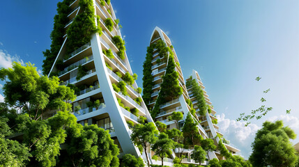 Two towering buildings covered in lush greenery create an urban oasis - Generative AI