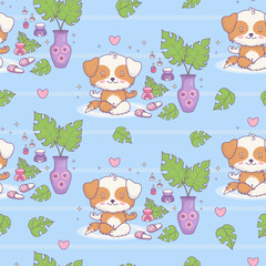 Seamless pattern with dog meditating on blue background with aroma lamp with candles and vase with tropical leaves. Cute funny kawaii animal character. Vector illustration. Kids collection.