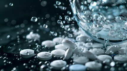 Macro shot of effervescent pills dissolving in water with bubbles, capturing the dynamic reaction and emphasizing the idea of instant relief