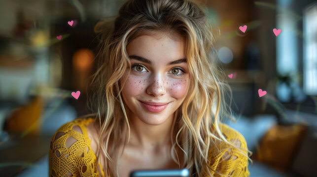 A happy young woman receives affectionate messages on social media