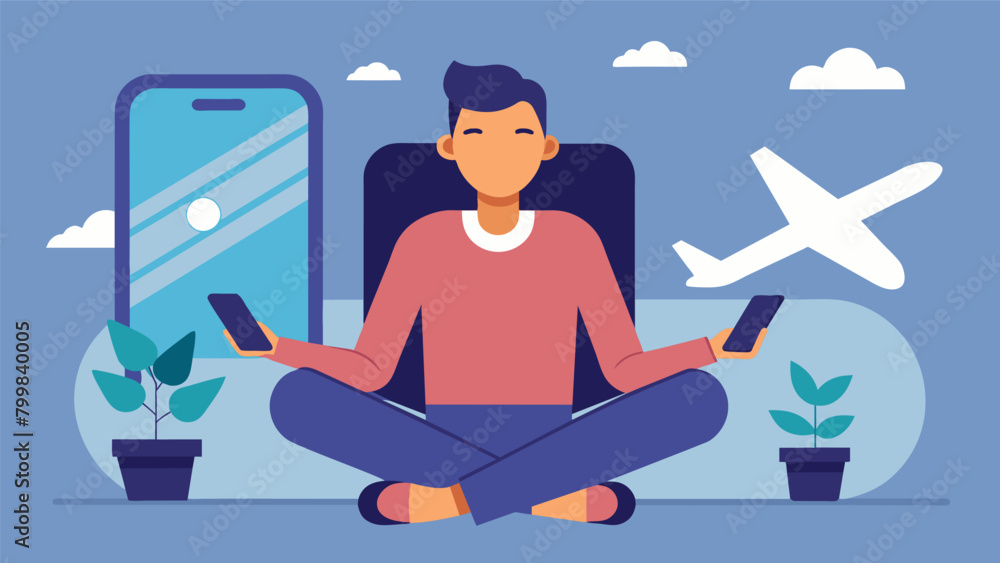 Poster a man on a plane using a mindfulness app to calm his nerves and relax during the flight..