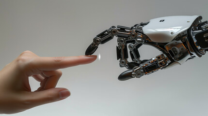 A robotic hand gently touching the finger of a human hand, symbolizing the convergence of human and artificial intelligence, and highlighting themes of technology integration and future interactions.
