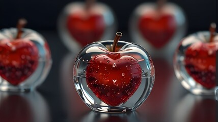 Red heart in glass apple - obrazy, fototapety, plakaty