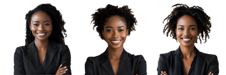 smiling black business woman isolated on a transparent PNG background, white background , cut out, clipping path, Generative Ai