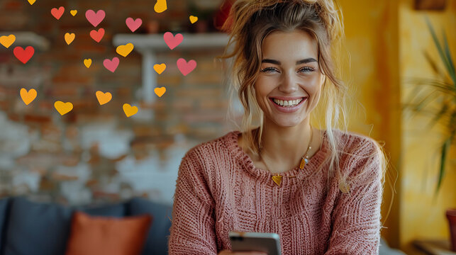 A happy young woman receives affectionate messages on social media