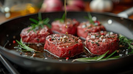 Hot raw steak garnished with delicious rosemary, with avocado oil spread on the piece of meat.