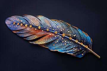 Hand-painted feather with golden splatters on dark background