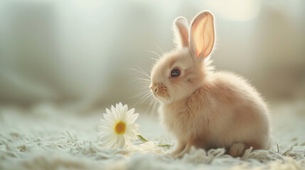 Naklejka premium Cute baby bunny rabbit sitting on a white carpet holding a daisy flower against a light background,-Enhanced-SR