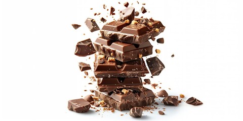 Fototapeta premium Chocolate bars and nuts stacked together on a white background
