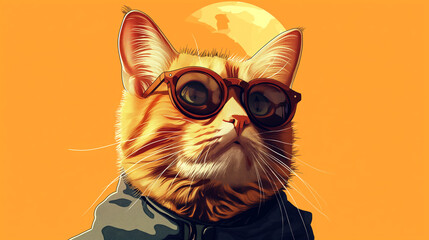 digital art illustration of a cool ginger cat wearing glasses and a jacket, against an orange background with planet Earth in the sky-Enhanced-SR