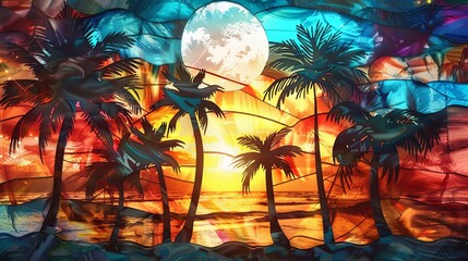 stained glass palm tree with sun and beach