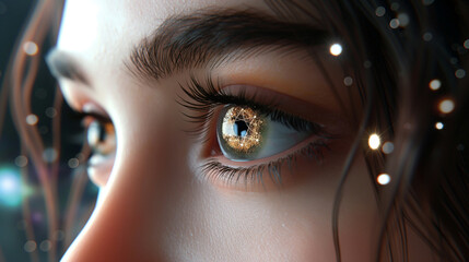 A closeup of the girl's eyes, with her brown eye iris sparkling like stars in space and a golden light shining on it-Enhanced-SR