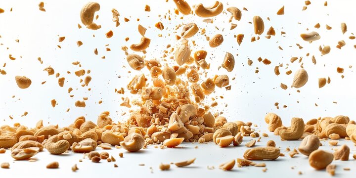 Dried crushed peanuts floating in the air on a white background.