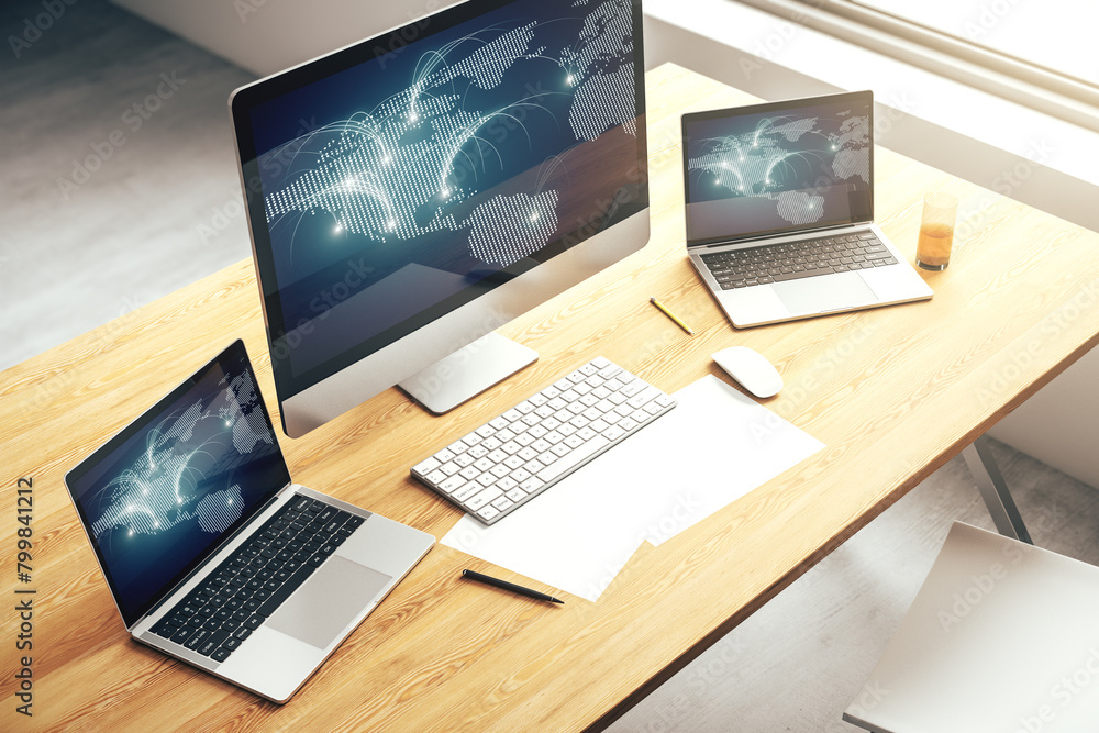 Poster Modern computer monitor with abstract digital world map with connections, research and strategy concept. 3D Rendering