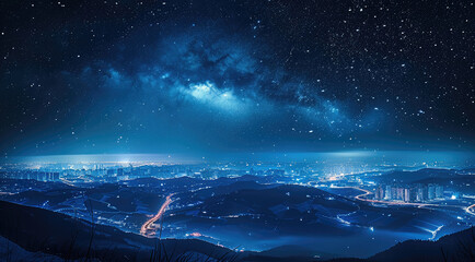 The starry sky over future cities, night scenes, blue. Generative AI.