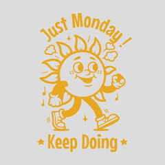 Retro cartoon walking smiled sun mascot character