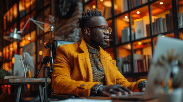 Wheelchair user in modern office looking towards workspace