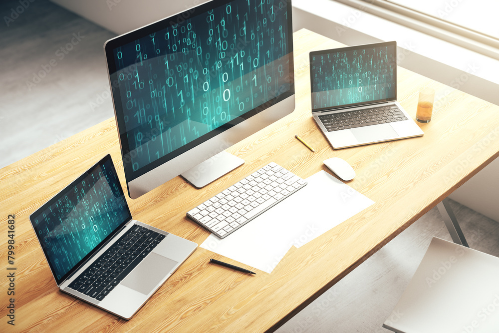 Aufkleber Creative abstract binary code hologram on modern computer monitor, AI and machine learning concept. 3D Rendering
