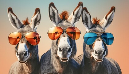 Mule Crew: Stylish Donkey Friends in Sunglasses for Editorial Advertisement"