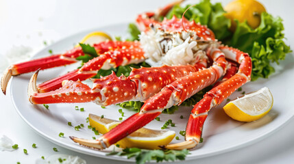 Crab legs served on a white plate, with lemon and parsley. Luxurious seafood restaurant dish.