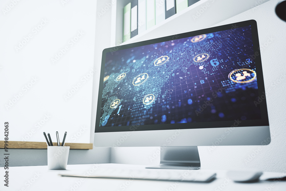 Fototapete modern computer monitor with social network icons concept with world map. marketing and promotion co