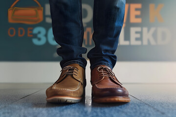 Work Life Balance Concept. Low Section of a Man Standing with Half of Working Shoes and Casual Traveling Shoes, Blurred Text on the Wall as background