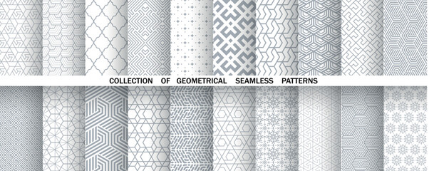 Geometric set of seamless gray and white patterns. Simple vector graphics
