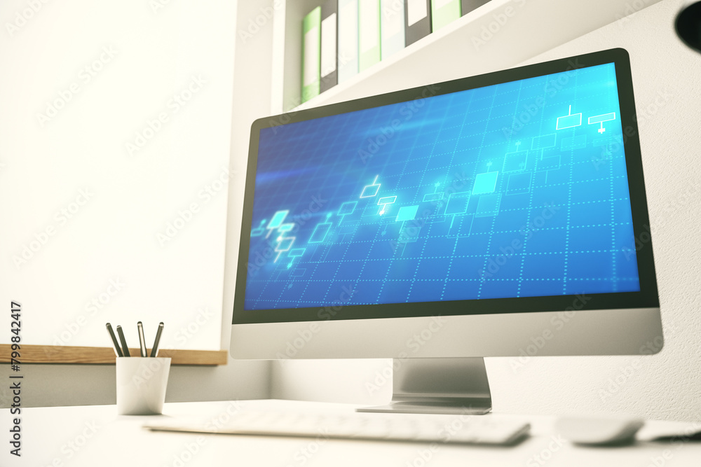 Aufkleber modern computer monitor with abstract creative financial chart, research and strategy concept. 3d re