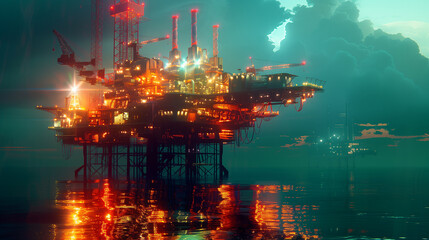 Luminous Offshore Oil Rig: Energy Industry's Future., gas platform.