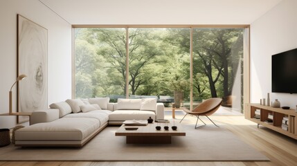 Interior view of a minimalist living room with white walls, large windows, and contemporary furniture,