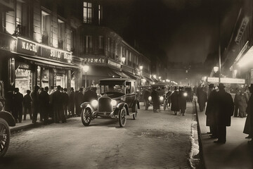 A black and white photo that looks like it was taken on a European street at night in the 1920s.